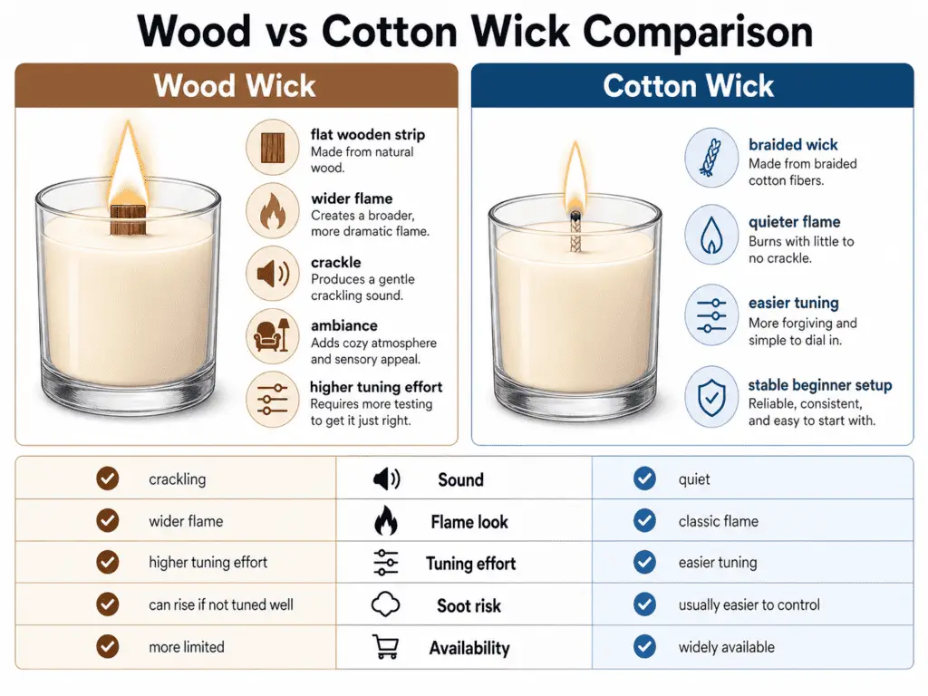 Wood and cotton wick comparison with sound flame and tuning differences