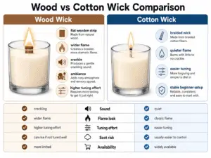 Wood and cotton wick comparison with sound flame and tuning differences
