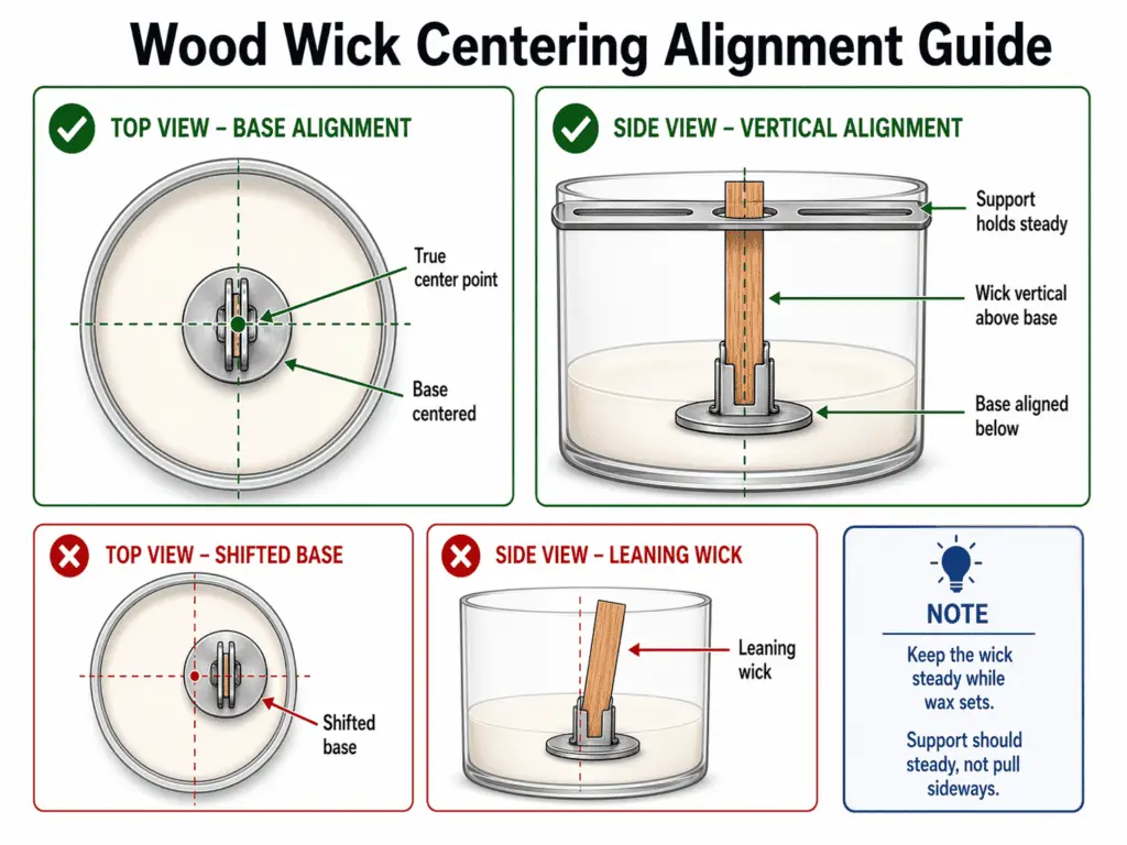 wood wick centering and straight upright alignment in container