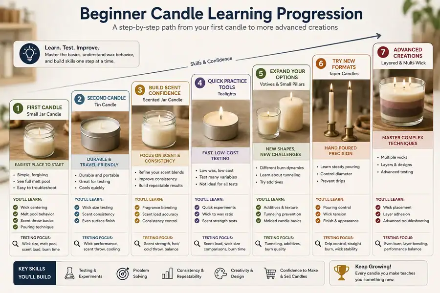 Beginner candle learning progression from jar candles to advanced candle types