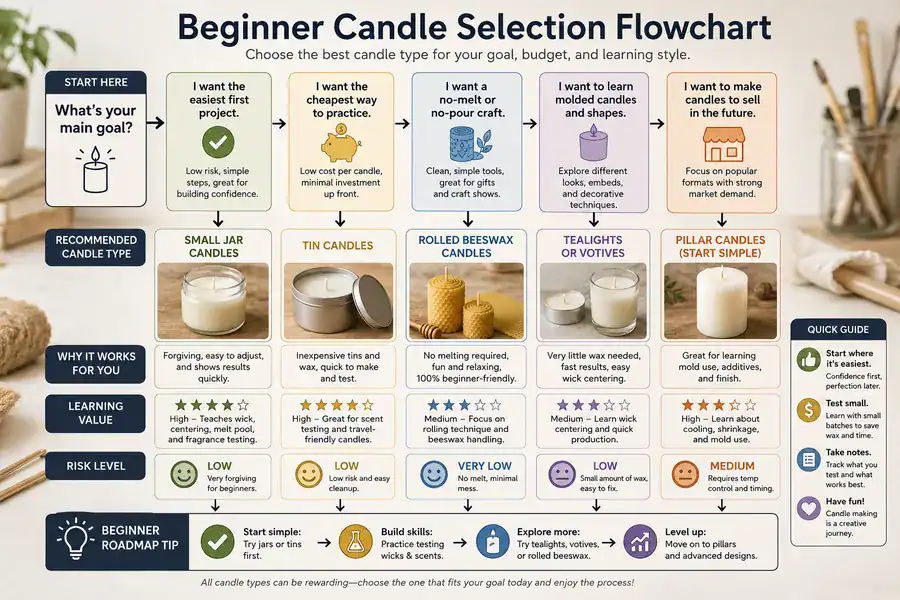 Beginner candle selection flowchart showing easiest candle formats for testing and practice