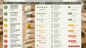Beginner candle type ranking matrix comparing jars tins tealights votives pillars tapers and rolled beeswax candles