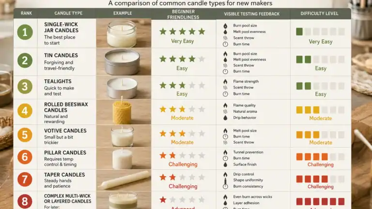 Beginner candle type ranking matrix comparing jars tins tealights votives pillars tapers and rolled beeswax candles