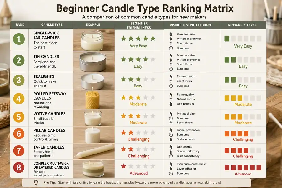 Beginner candle type ranking matrix comparing jars tins tealights votives pillars tapers and rolled beeswax candles