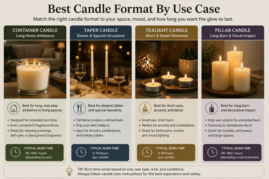 Candle format selection guide for ambience dinner decor and long burn sessions