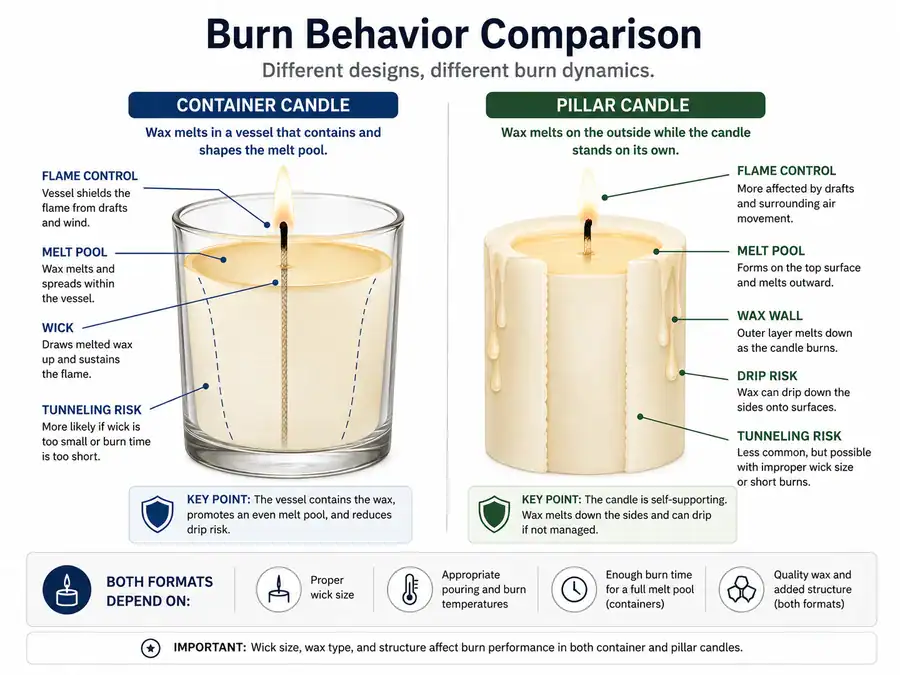container and pillar candle burn behavior