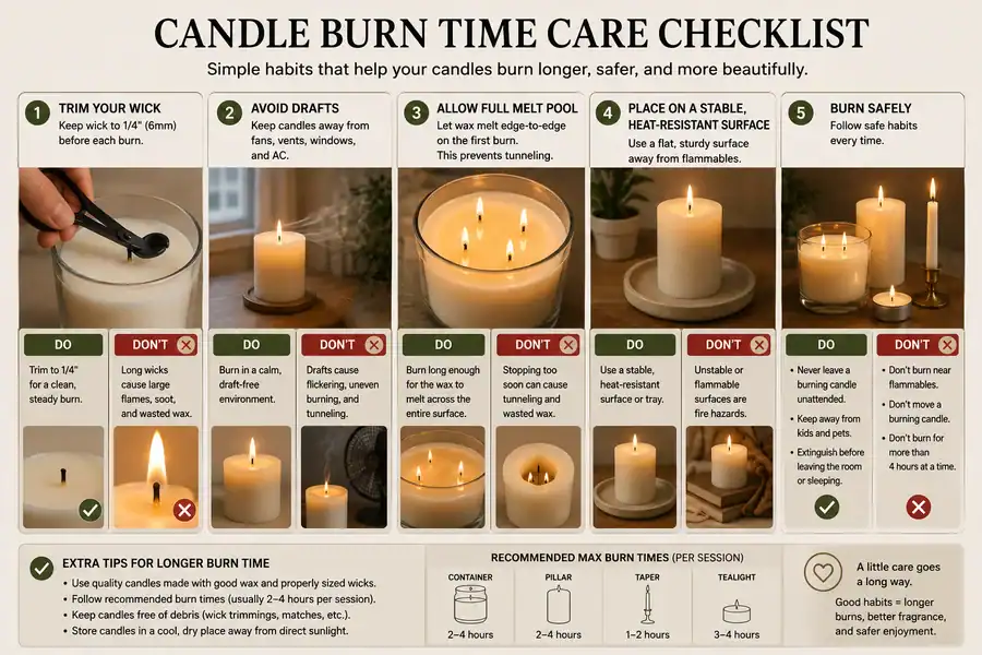 Candle care checklist showing wick trimming draft prevention and proper burn habits