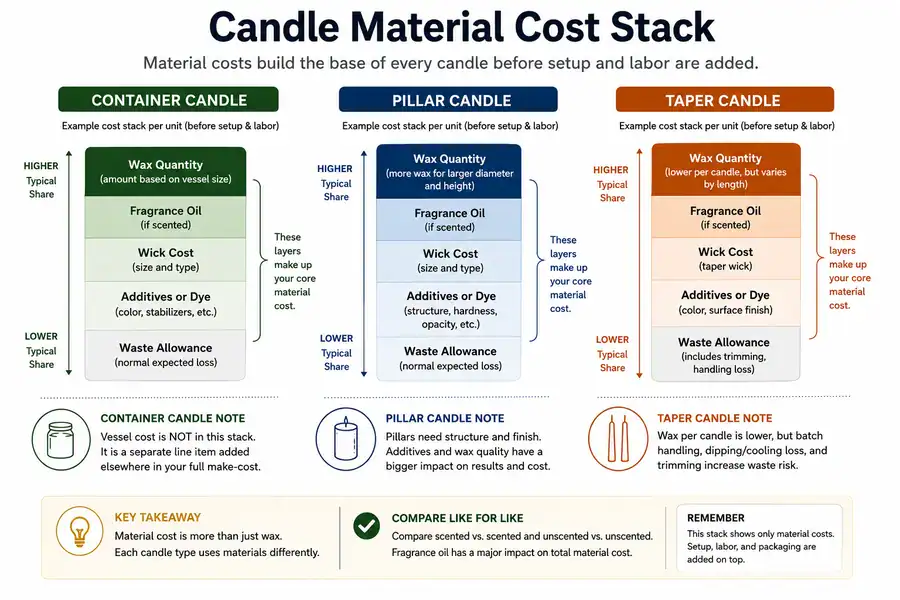 prototype, repeat-production, and sale-ready candle costs