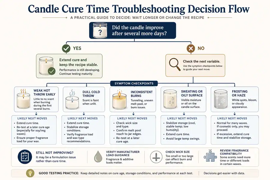 Candle cure-time troubleshooting decision flow