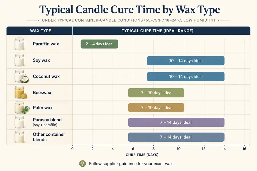 Benchmark cure time ranges by candle wax type