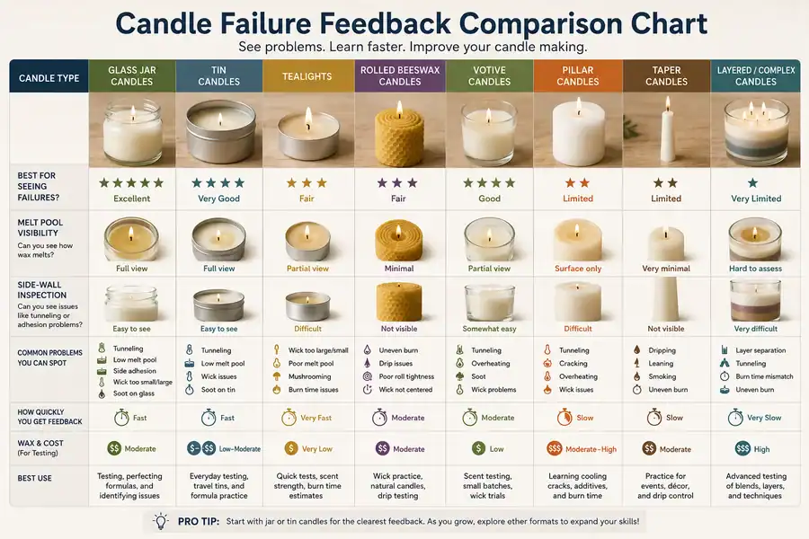 Comparison chart showing visible candle testing feedback across different beginner candle types