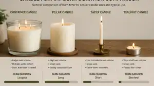 Comparison of container pillar taper and tealight candle burn duration tendencies