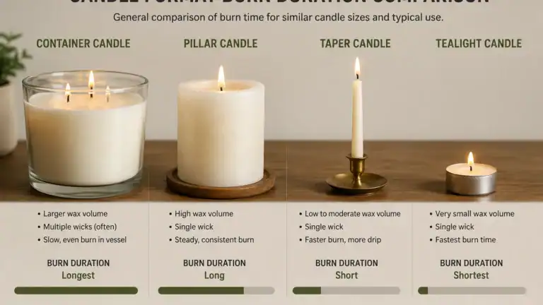 Comparison of container pillar taper and tealight candle burn duration tendencies