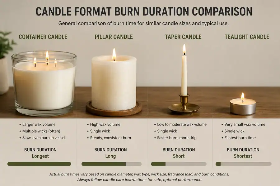 Comparison of container pillar taper and tealight candle burn duration tendencies