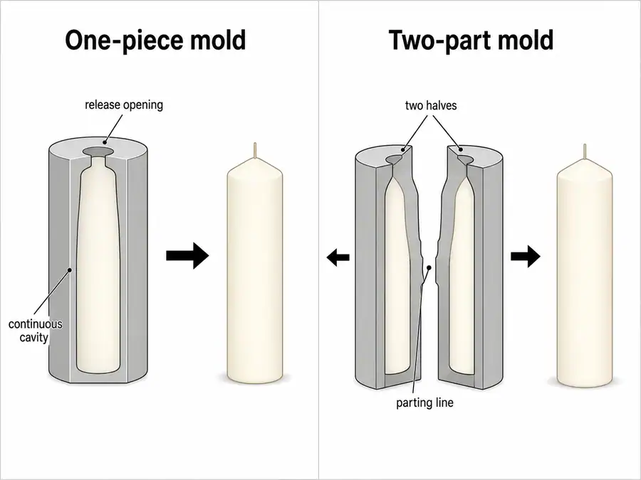 one-piece and two-part candle mold construction