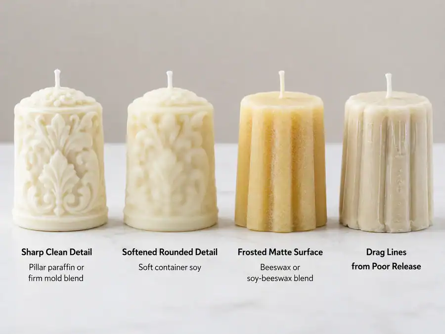 Molded candle detail and surface finish comparison for different waxes