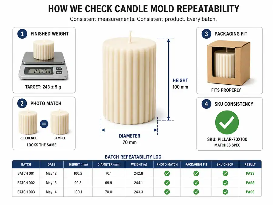 candle mold repeatability measurements and SKU consistency