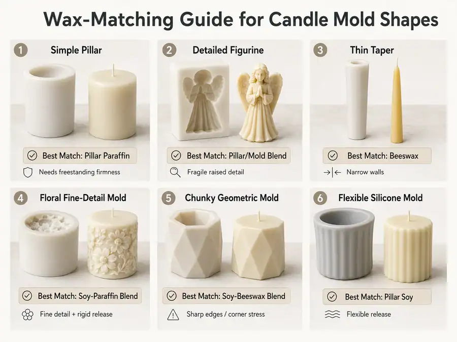Mold shape guide matching candle wax choices to mold types