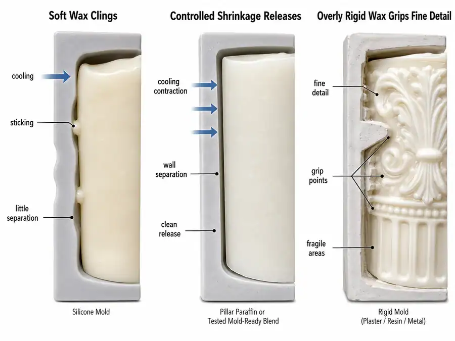 Wax shrinkage diagram showing candle release from a mold wall