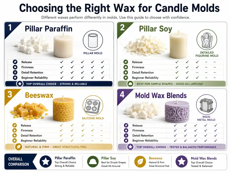 Candle mold wax selection chart comparing paraffin soy beeswax and blends