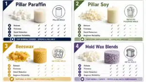 Candle mold wax selection chart comparing paraffin soy beeswax and blends