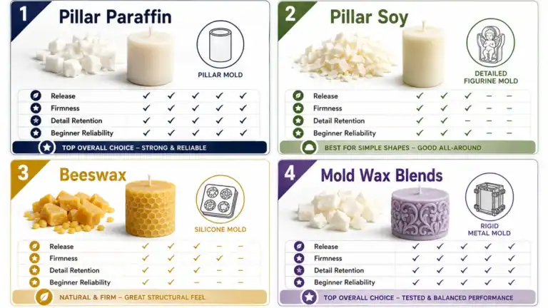 Candle mold wax selection chart comparing paraffin soy beeswax and blends