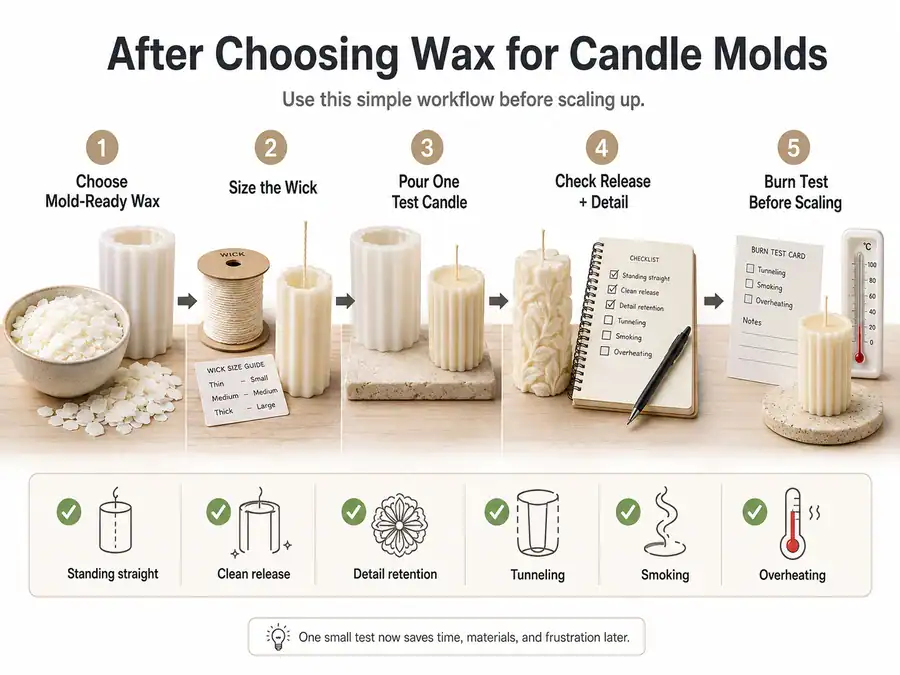 Candle mold wax testing workflow for wick sizing burn testing and release checks