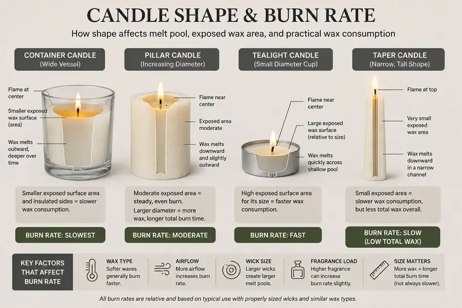 Diagram showing how candle shape affects burn rate and wax consumption
