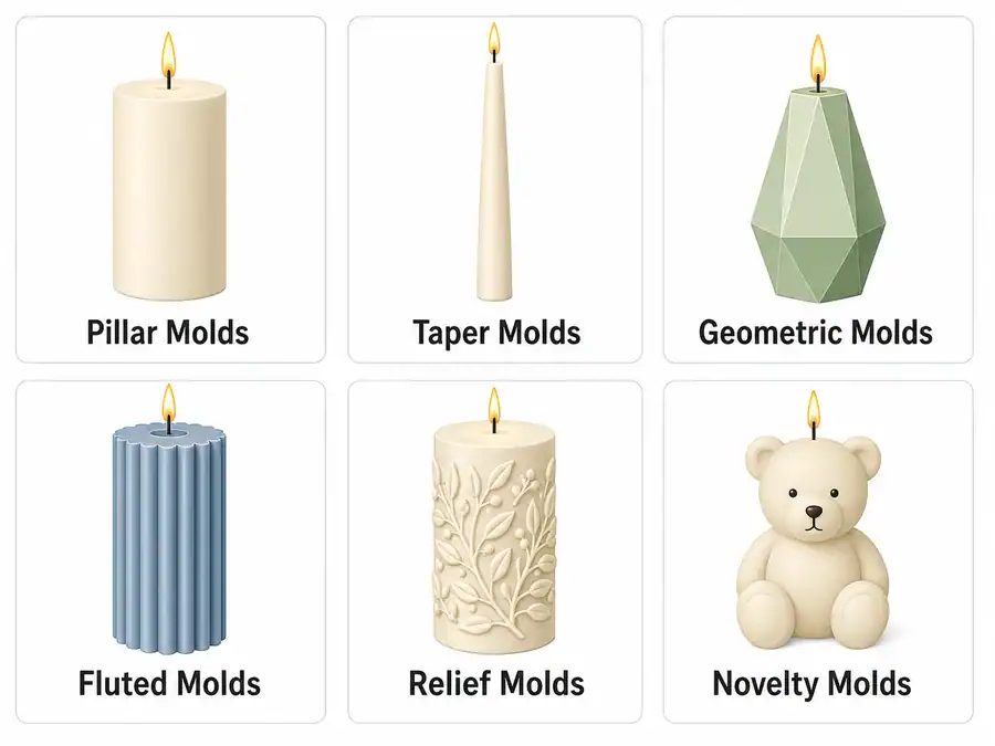 candle mold shape families and finished candle forms
