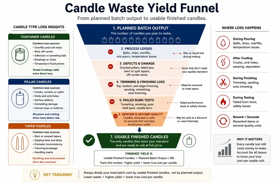 candle waste, rejects, and finished yield funnel