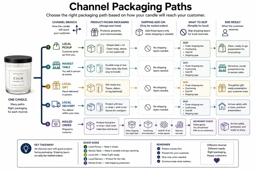 candle packaging paths for local and mailed orders
