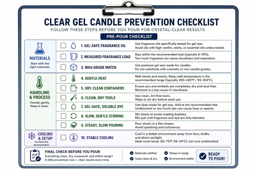 clear gel candle prevention and pouring checklist