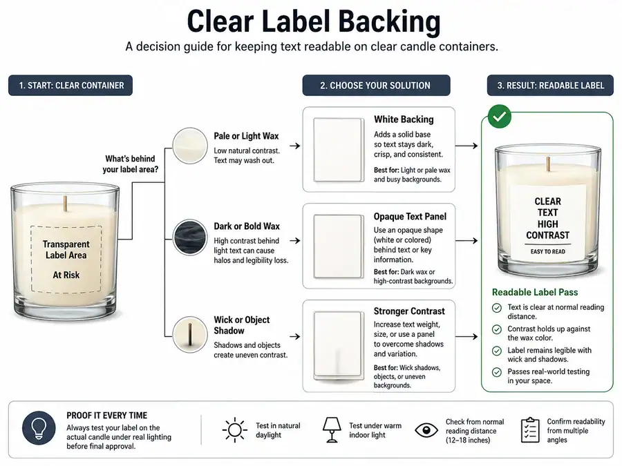 Clear candle label backing and text contrast