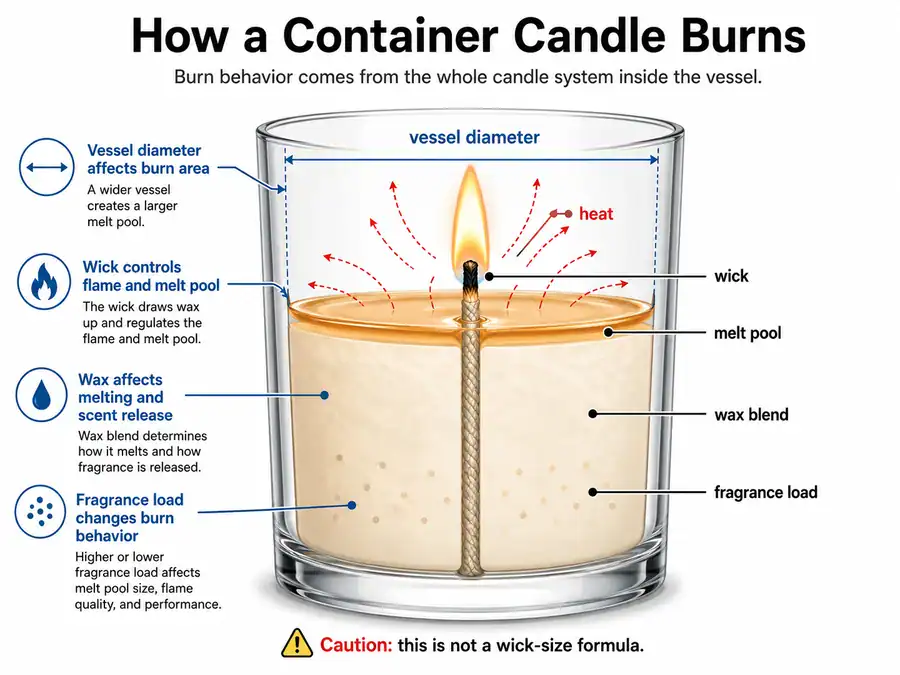Container candle burn behavior and dependencies