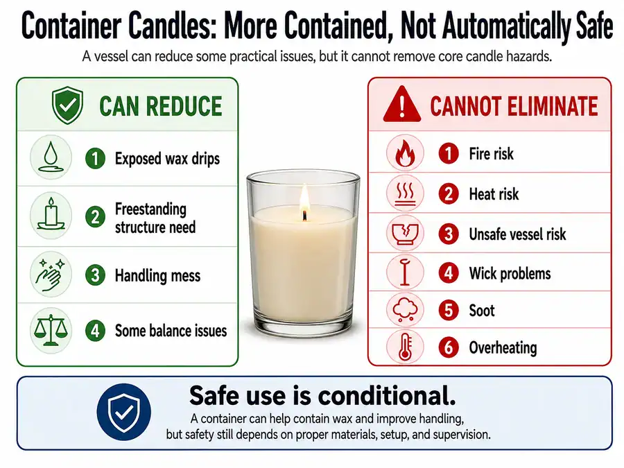 Container candle safety limits and stability factors