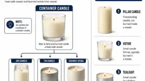 Container candle types and vessel formats