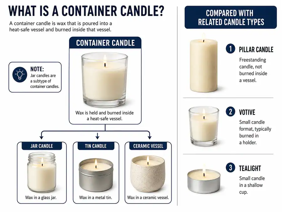 Container candle types and vessel formats
