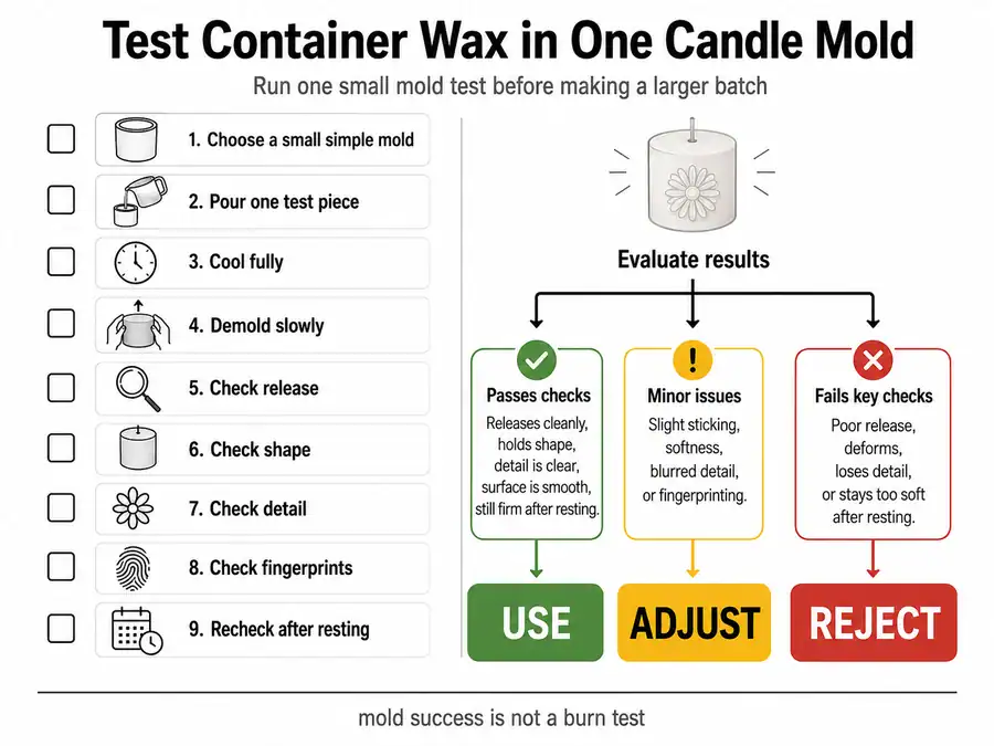 container wax mold test and pass fail checklist