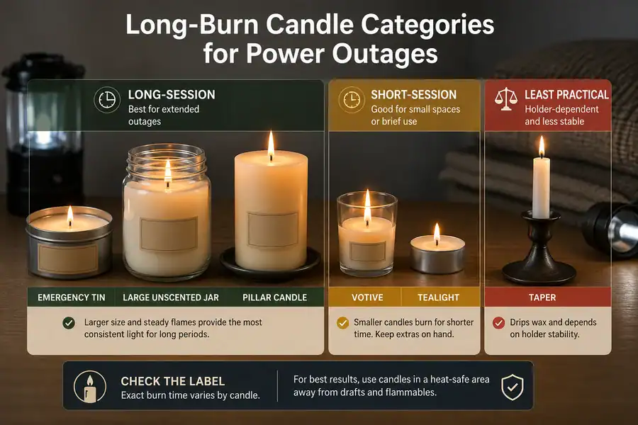 Candle types grouped by outage burn time usefulness