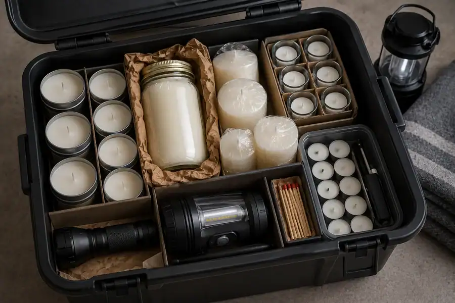 Emergency candle storage kit with tins jars holders and lighter