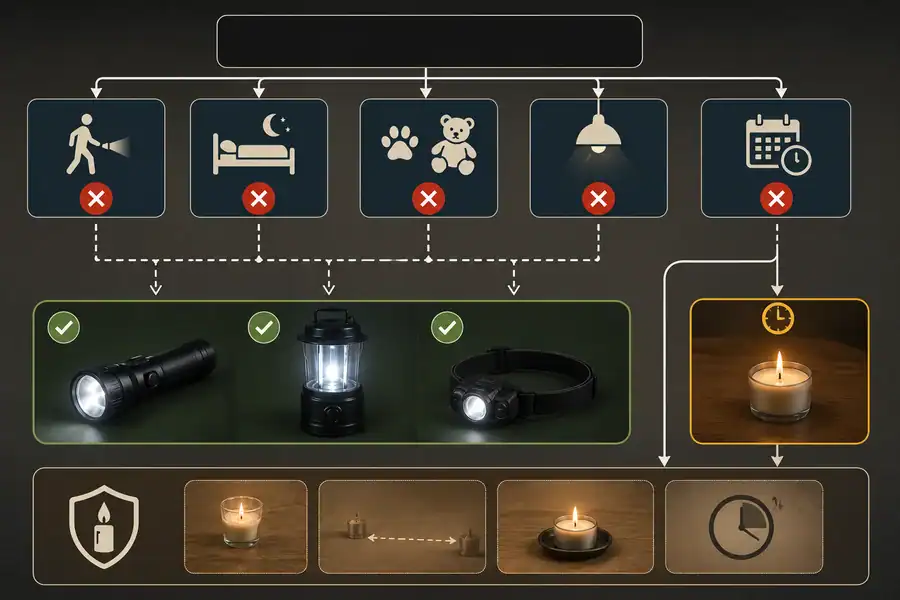 Power outage lighting choices when candles are unsafe