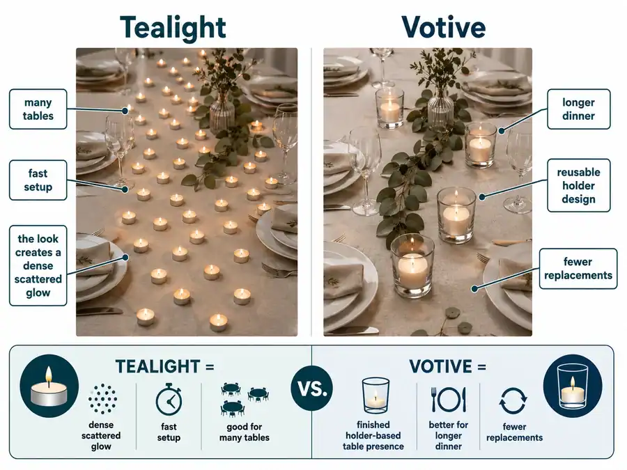 Dense tealight glow and votive holder presence