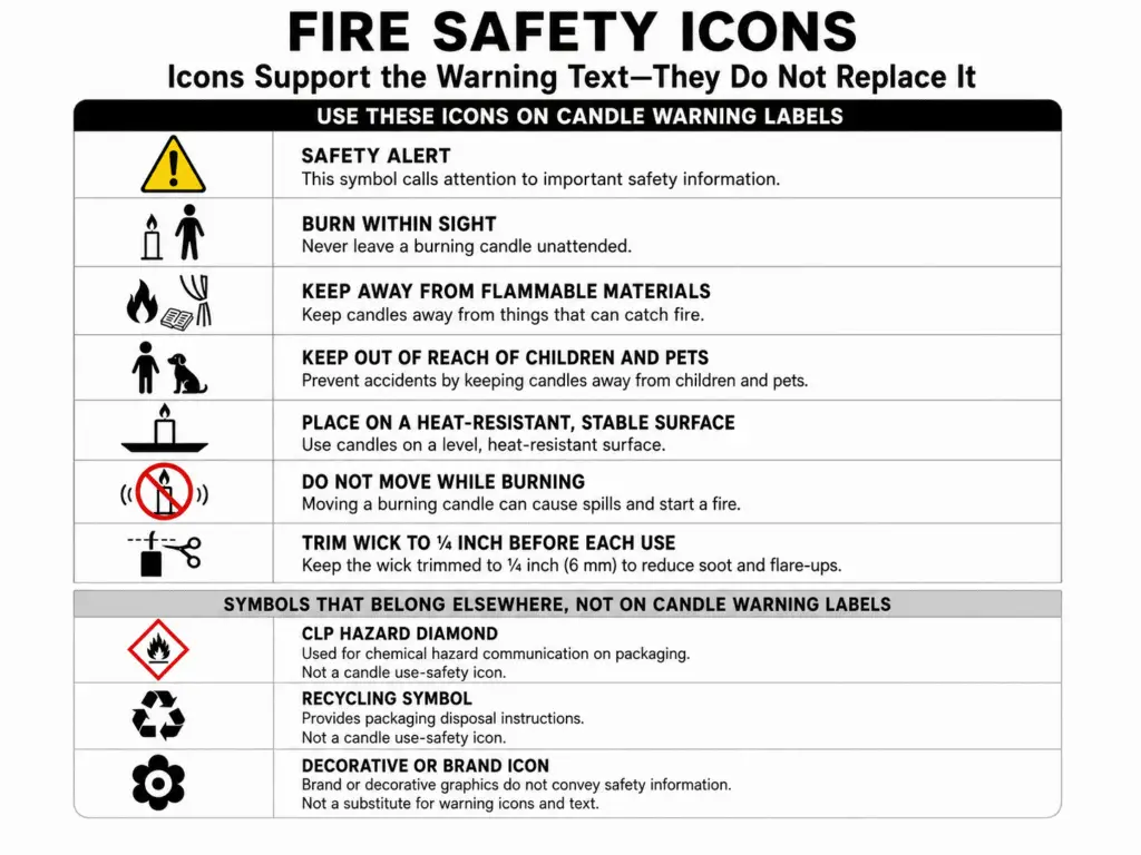 Candle fire safety icons and warning text