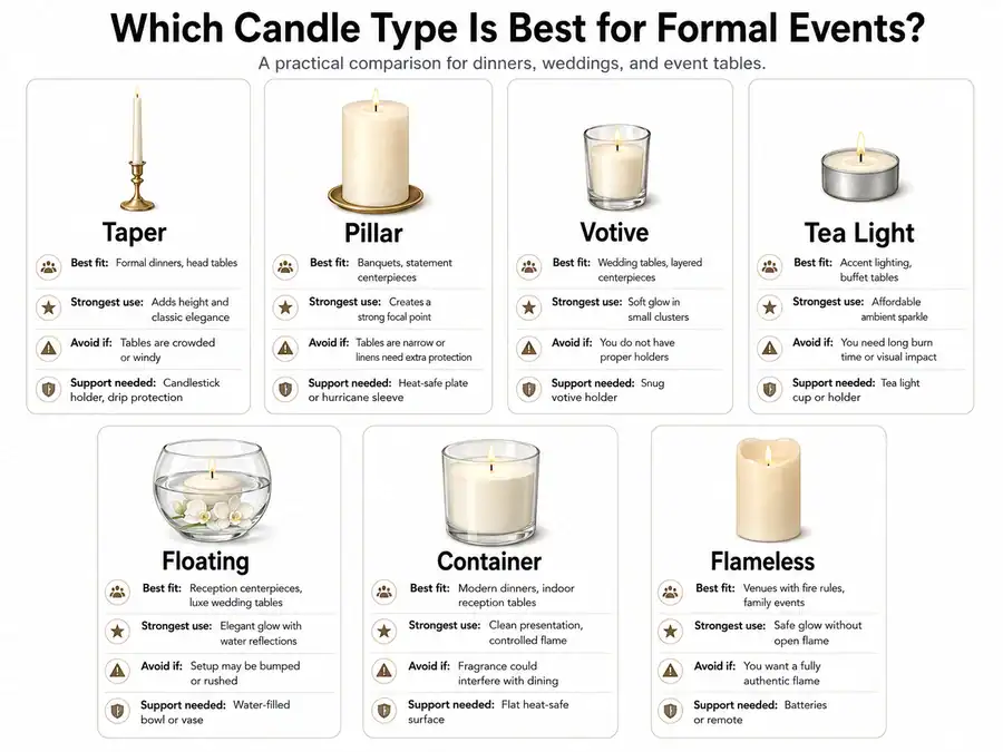 formal event candle types and best uses