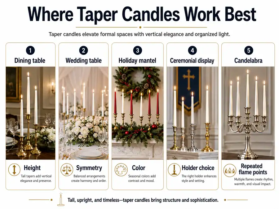 formal taper candle decor and display settings
