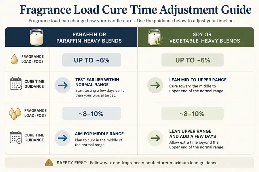 Fragrance load adjustment guide for candle cure time