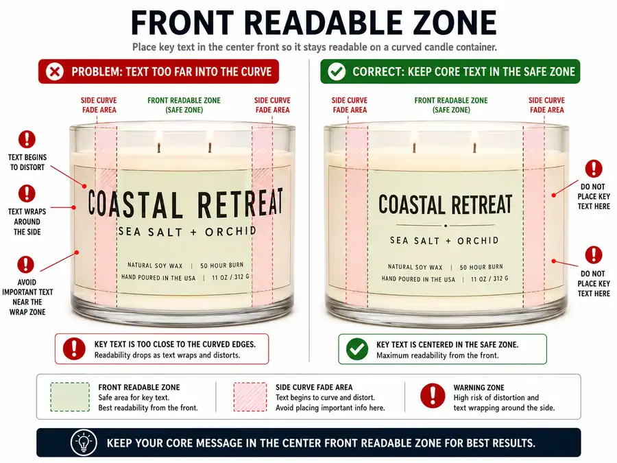 Candle label placement and front readable zone