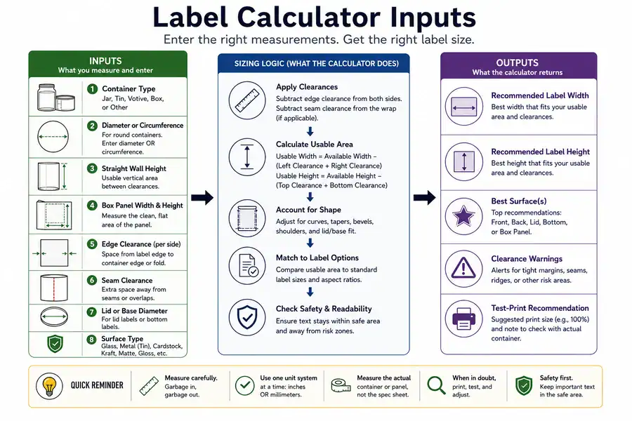 label calculator inputs and sizing outputs