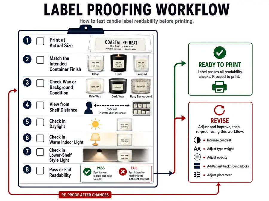 Candle label proofing and readability checks
