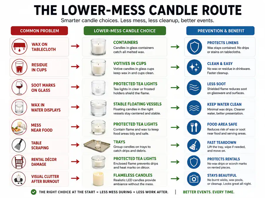 low-mess event candles and cleanup routes